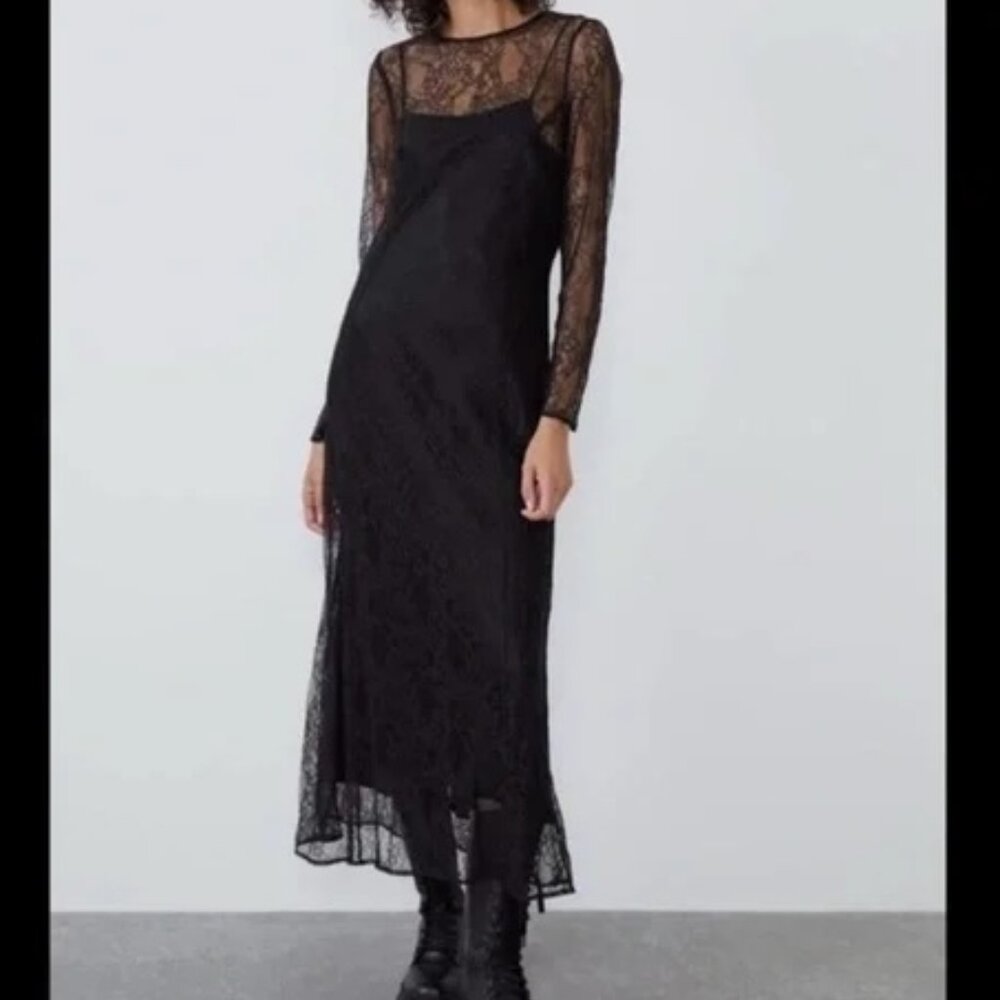 Zara Midi Black Floral Lace Dress with Satin Slip